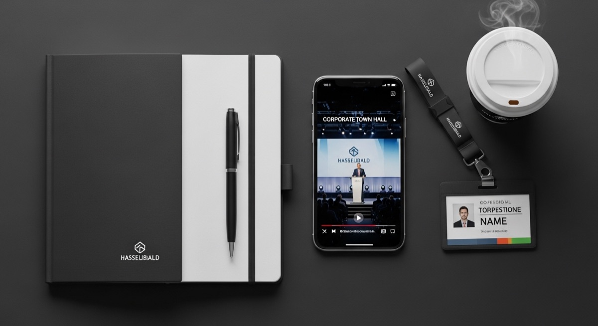 Corporate communications setup with iPhone showing town hall video