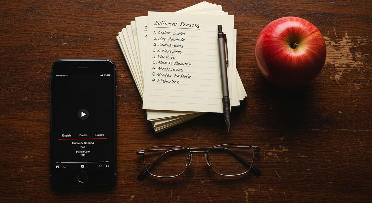 Educator desk flat lay — iPhone with multilingual subtitles, reading glasses, red apple, index cards, and mechanical pencil