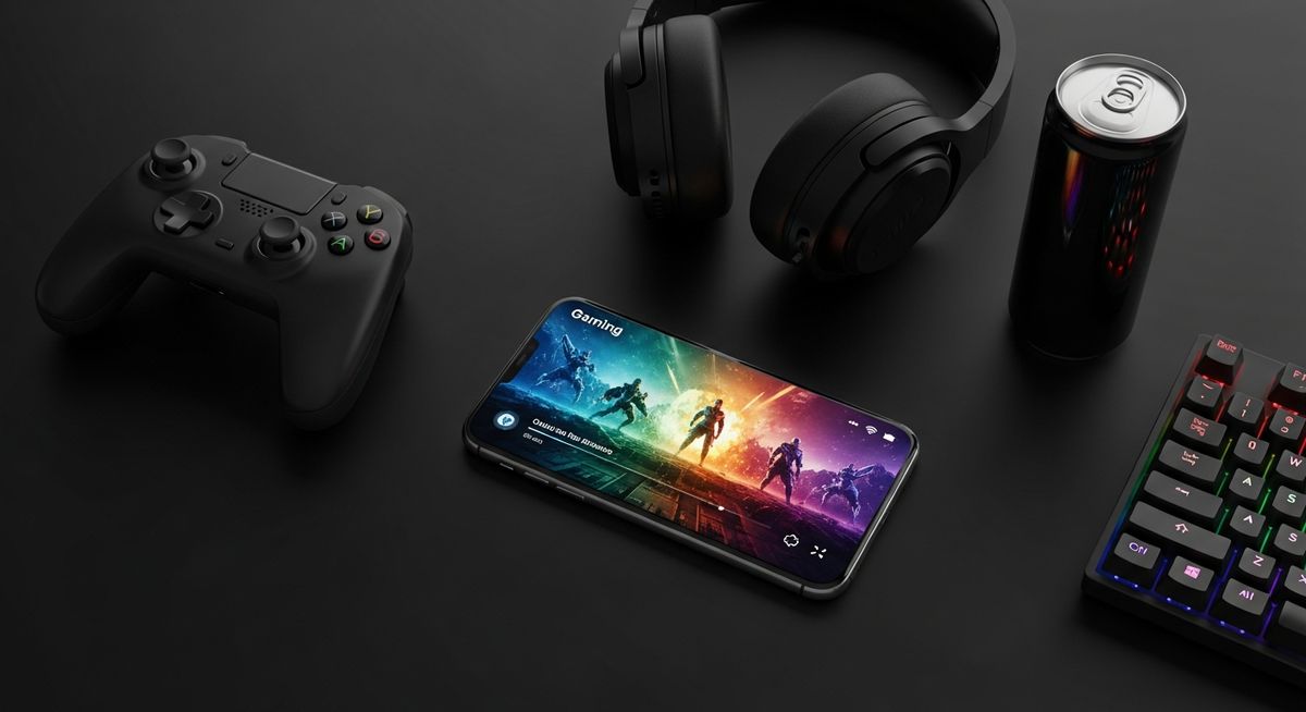 Gaming setup with iPhone showing highlight reel