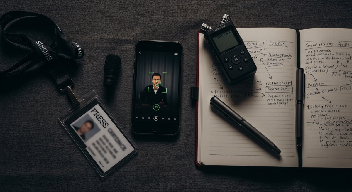 Interview setup with iPhone showing face tracking and reporter notebook