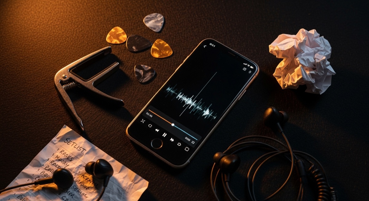 Musician workspace with iPhone, guitar picks, capo, and setlist