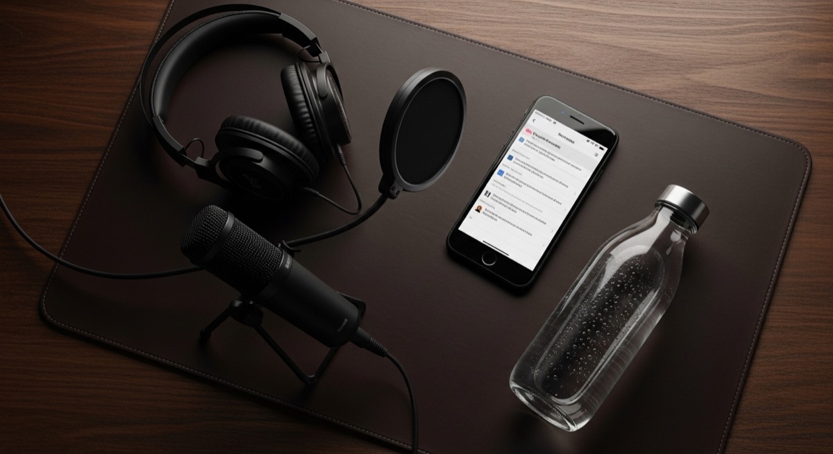 Podcast recording setup with iPhone showing episode subtitles