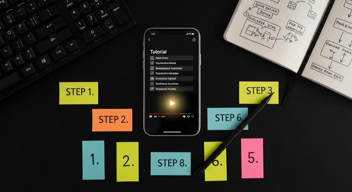 Flat lay with iPhone showing tutorial video, mechanical keyboard, notebook with diagrams, and sticky notes
