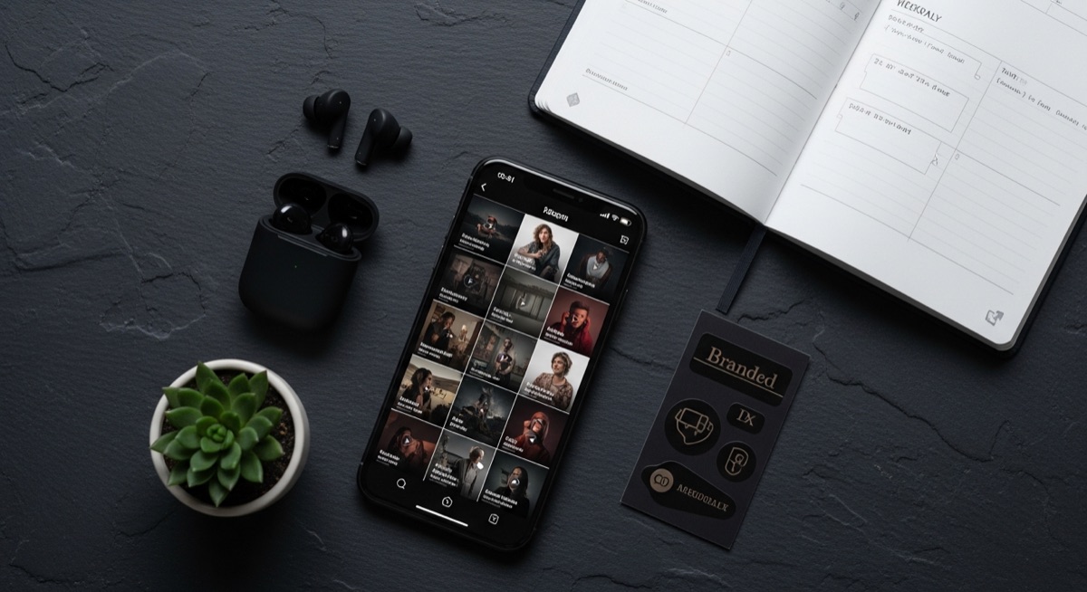Social media manager workspace with iPhone and content planner