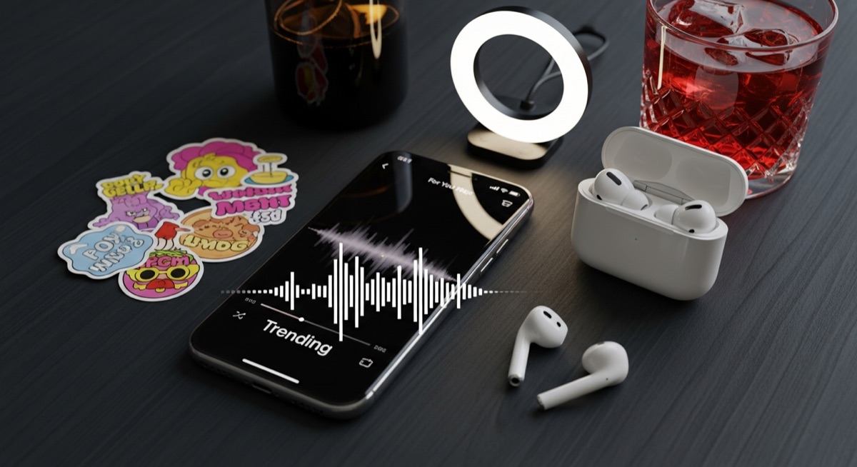 Flat lay with iPhone showing trending audio waveform, ring light, stickers, and earbuds