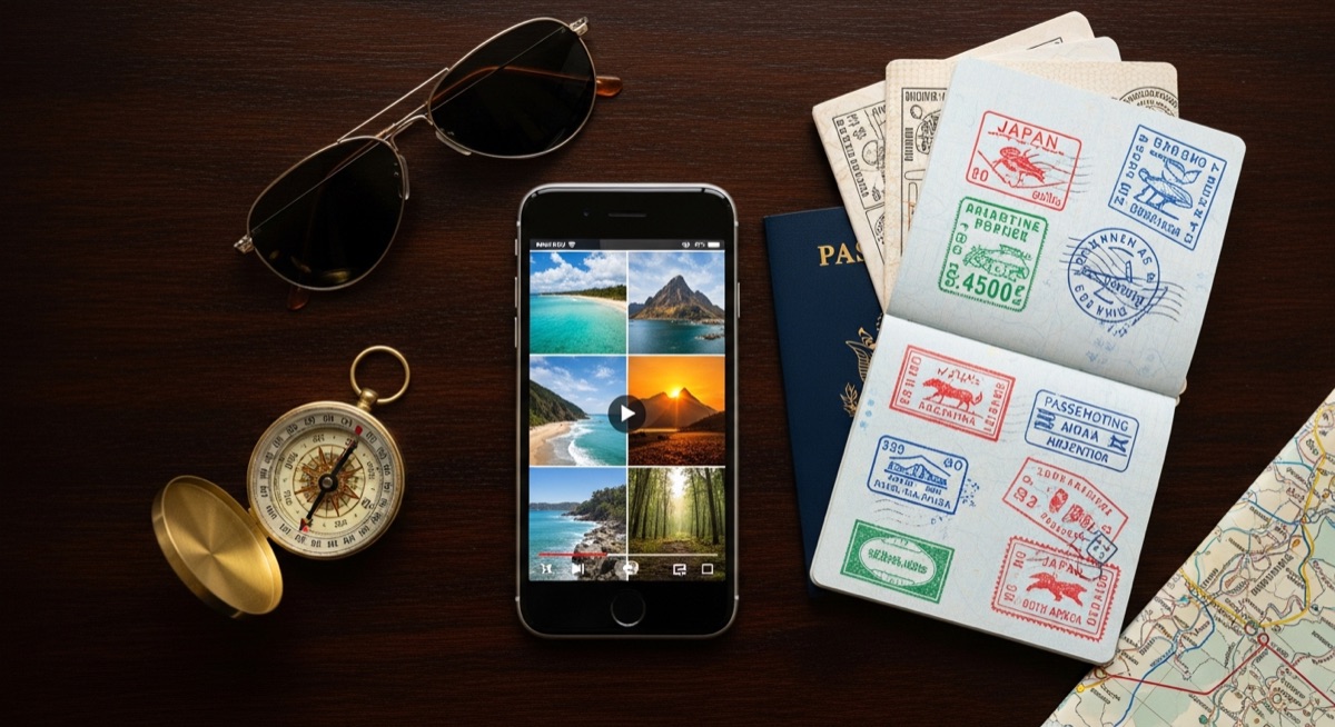 Travel flat lay with iPhone showing video montage, passport, sunglasses, and compass