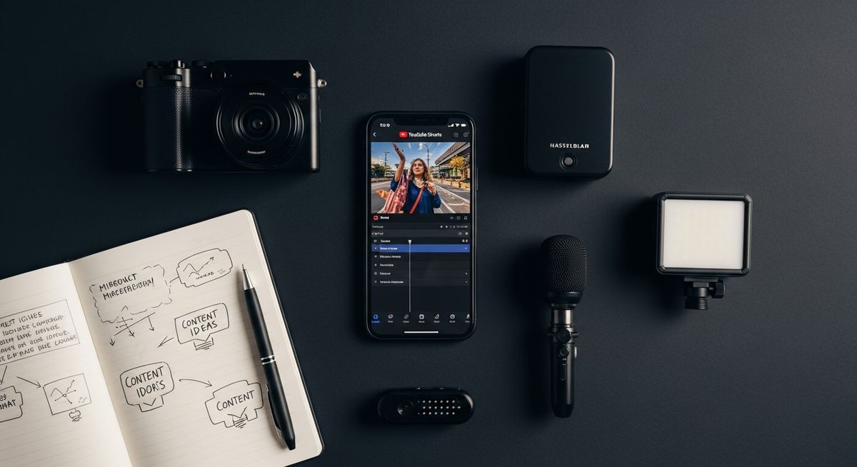 YouTube creator tools flat lay — camera, LED light, microphone, notebook with content ideas, and iPhone with Shorts editor
